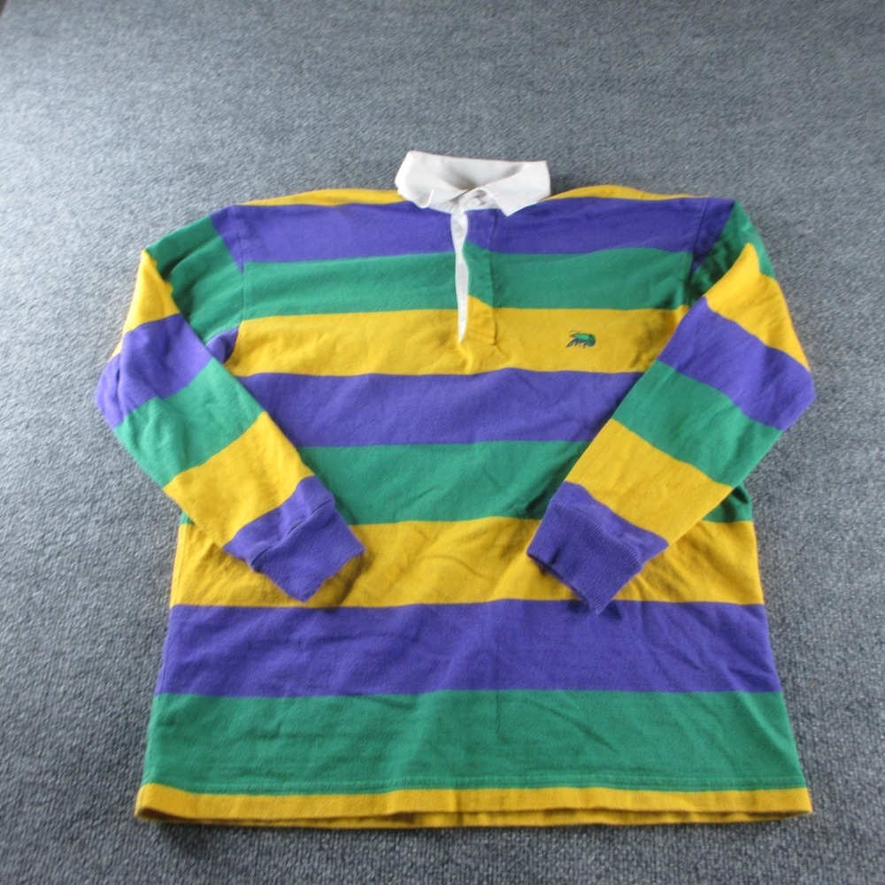 Perlis Rugby Shirt Boy M 10-12 Striped Button Up Long Sleeve Crawfish Mardi Gras